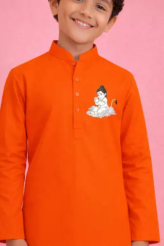 Boys orange pure cotton kurta pyjama set     hanuman jayanti special print