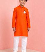boys orange kurta pyjama set with bal hanuman design