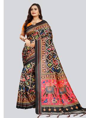 Digital print assami silk saree with jequared unstitched blouse and beautiful multicoloured thred work at pallu 3