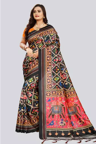 Digital print assami silk saree with jequared unstitched blouse and beautiful multicoloured thred work at pallu