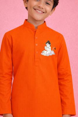 boys orange kurta pyjama set with bal hanuman design 2