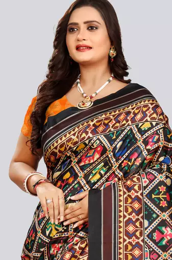 Digital print assami silk saree with jequared unstitched blouse and beautiful multicoloured thred work at pallu