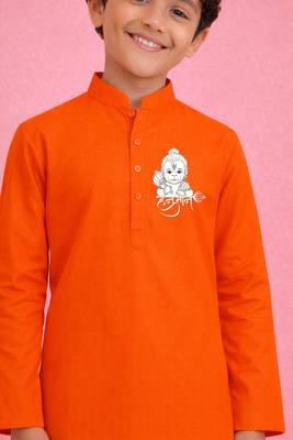 Boys orange pure cotton kurta pyjama set     hanuman jayanti special print 2