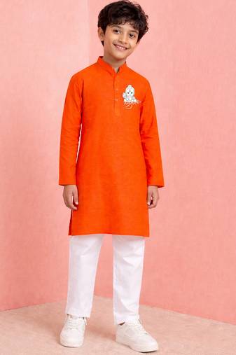boys orange cotton kurta pyjama set with hanuman print