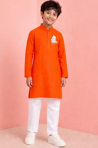 boys orange cotton kurta pyjama set with hanuman print