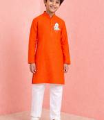 boys orange cotton kurta pyjama set with hanuman print