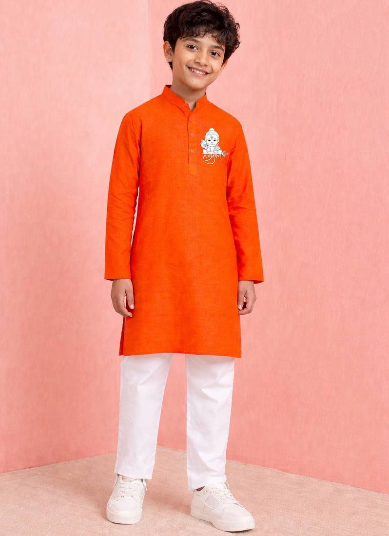 boys orange cotton kurta pyjama set with hanuman print