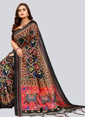 Digital print assami silk saree with jequared unstitched blouse and beautiful multicoloured thred work at pallu 5