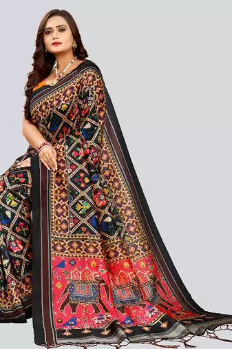 Digital print assami silk saree with jequared unstitched blouse and beautiful multicoloured thred work at pallu