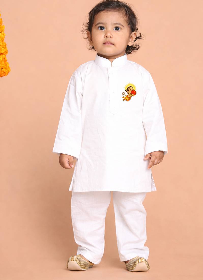boys white cotton kurta pyjama set with bal hanuman print