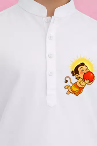 boys white cotton kurta pyjama set with bal hanuman print