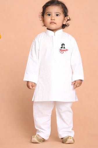 boys white pure cotton kurta pyjama with hanuman print