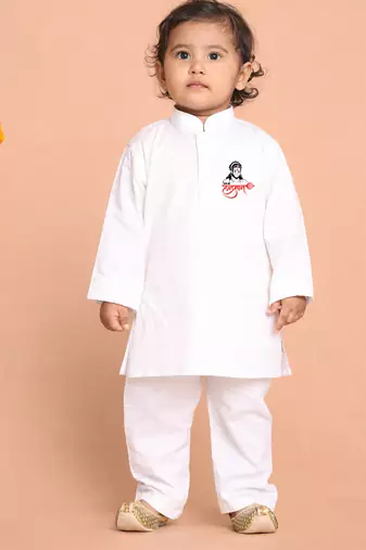 boys white pure cotton kurta pyjama with hanuman print