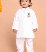 boys white pure cotton kurta pyjama with hanuman print