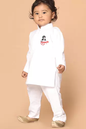 boys white pure cotton kurta pyjama with hanuman print