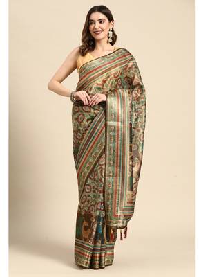 Digital print rapier jequared saree with unstitched blouse and beautiful multicoloured thred work at pallu 2