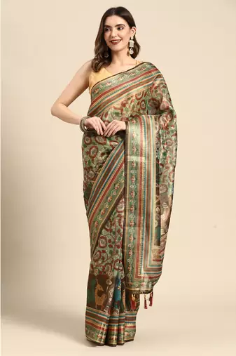 Digital print rapier jequared saree with unstitched blouse and beautiful multicoloured thred work at pallu