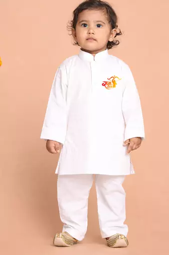 boys white pure cotton kurta pyjama set with ram navami print
