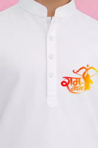 boys white pure cotton kurta pyjama set with ram navami print