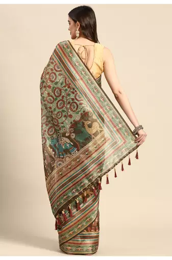 Digital print rapier jequared saree with unstitched blouse and beautiful multicoloured thred work at pallu