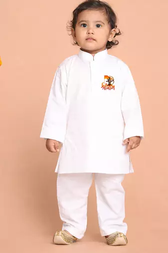 boys white pure cotton kurta pyjama with shree ram print