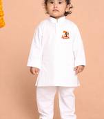 boys white pure cotton kurta pyjama with shree ram print