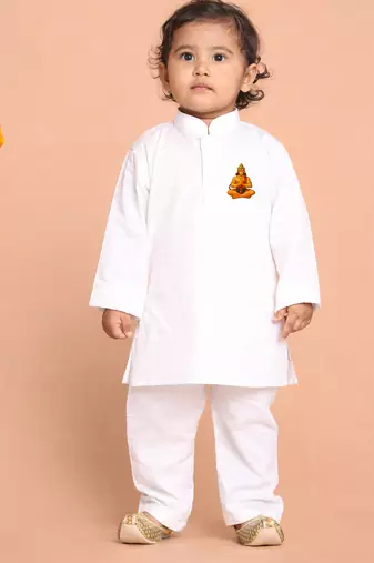 boys white cotton kurta pyjama set with hanuman print