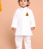 boys white cotton kurta pyjama set with hanuman print
