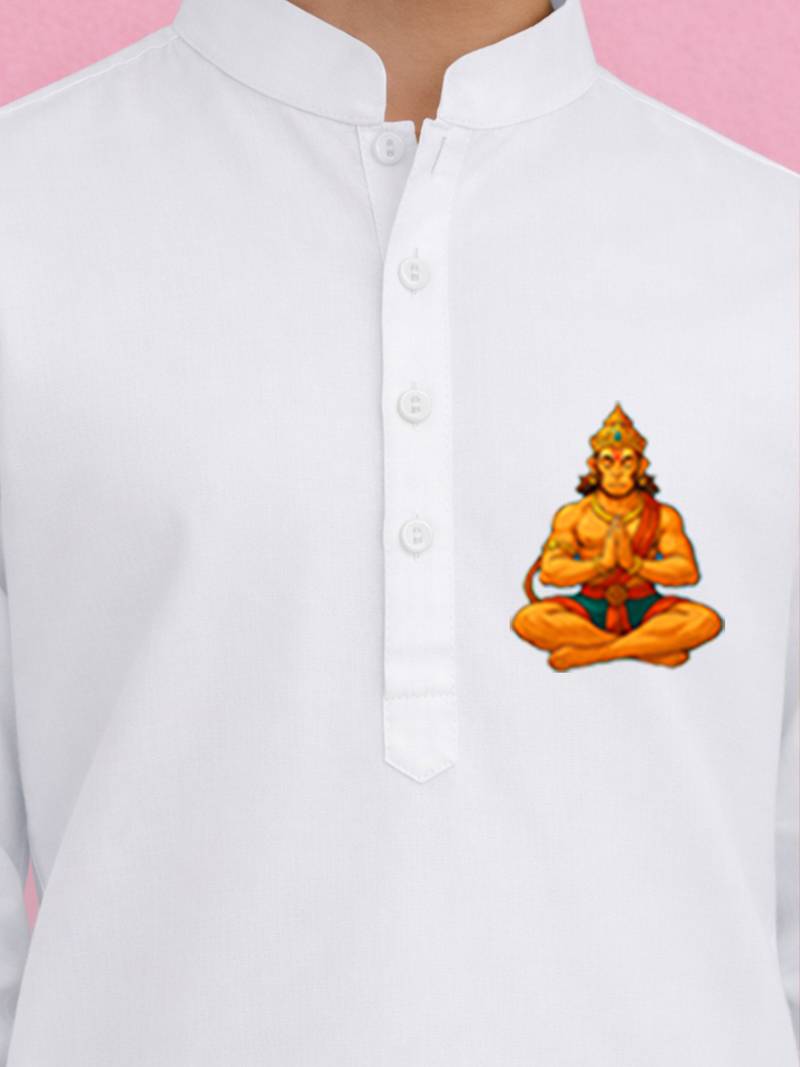 boys white cotton kurta pyjama set with hanuman print
