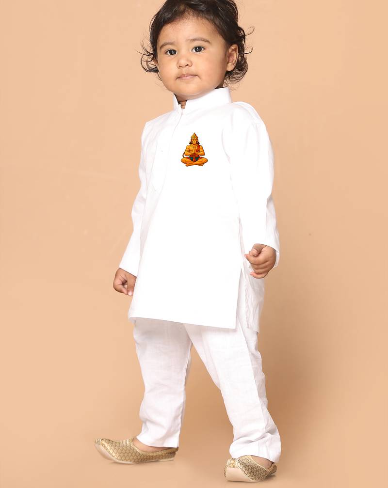 boys white cotton kurta pyjama set with hanuman print