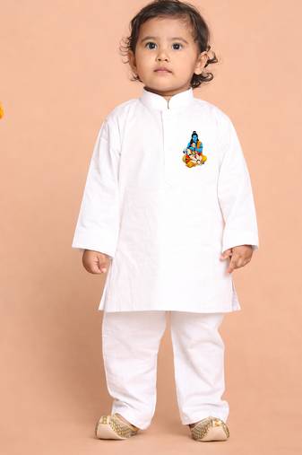 boys white ram hanuman print cotton kurta pyjama set