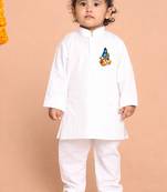 boys white ram hanuman print cotton kurta pyjama set