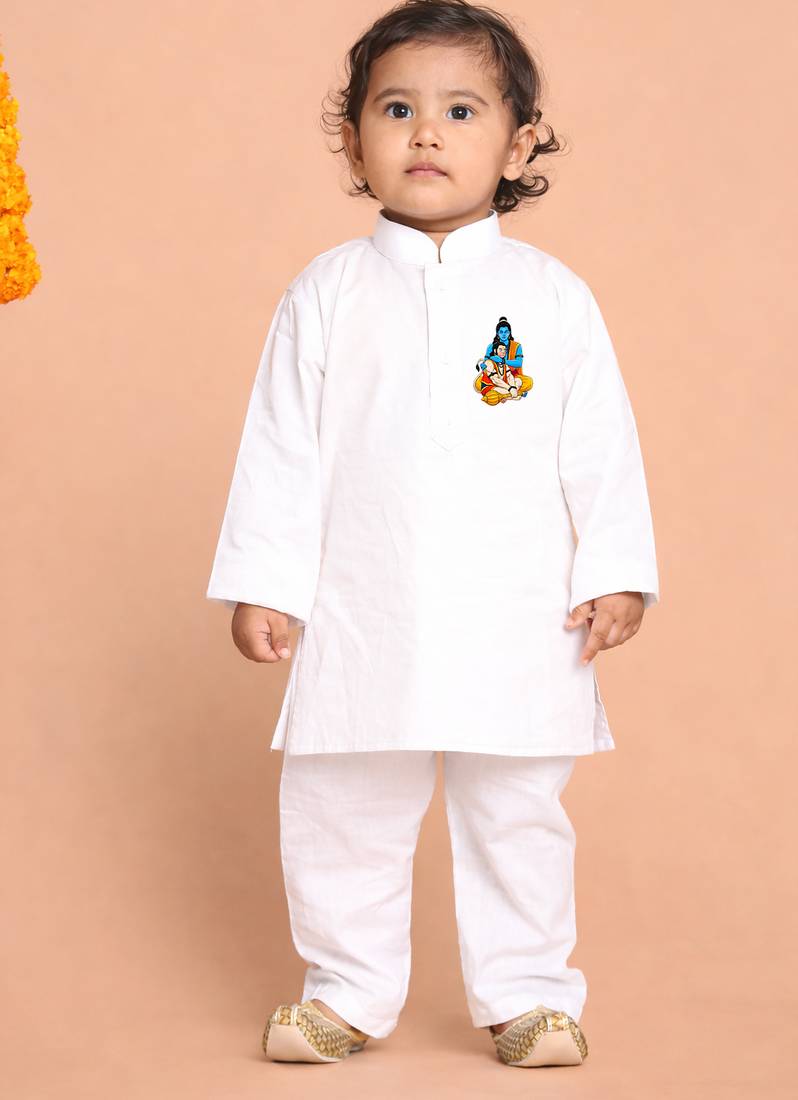 boys white ram hanuman print cotton kurta pyjama set