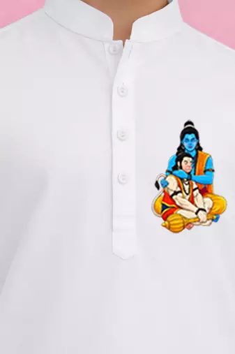 boys white ram hanuman print cotton kurta pyjama set