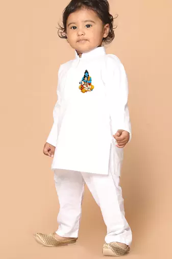 boys white ram hanuman print cotton kurta pyjama set