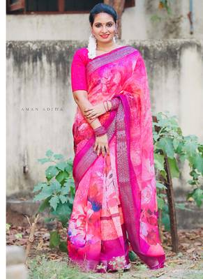 Digital print zari cotton lilen  saree with multicolored cotton tussle at pallu 2