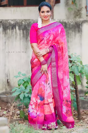 Digital print zari cotton lilen  saree with multicolored cotton tussle at pallu