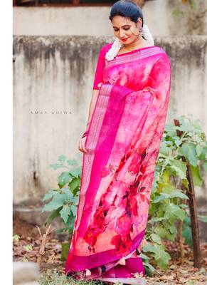 Digital print zari cotton lilen  saree with multicolored cotton tussle at pallu 3