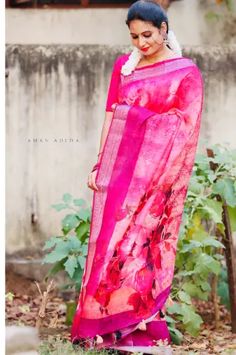 Digital print zari cotton lilen  saree with multicolored cotton tussle at pallu