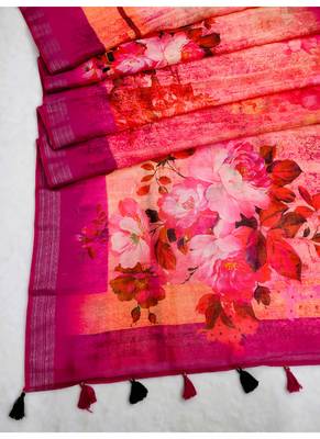 Digital print zari cotton lilen  saree with multicolored cotton tussle at pallu 4