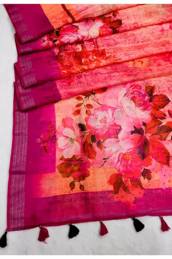 Digital print zari cotton lilen  saree with multicolored cotton tussle at pallu