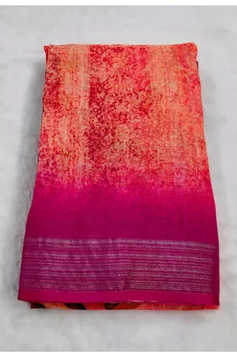 Digital print zari cotton lilen  saree with multicolored cotton tussle at pallu