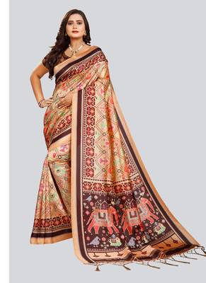Digital print assami silk saree with jequared unstitched blouse and beautiful multicoloured thred work at pallu 2