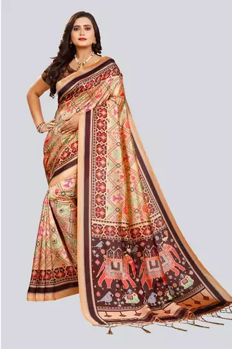 Digital print assami silk saree with jequared unstitched blouse and beautiful multicoloured thred work at pallu