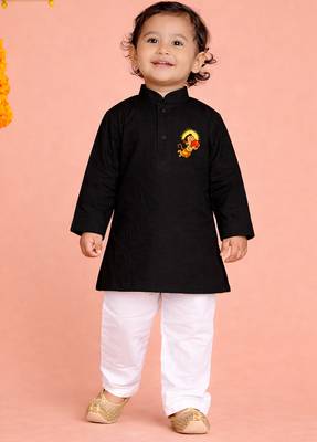 boys black cotton kurta pyjama with bal hanuman print	 1