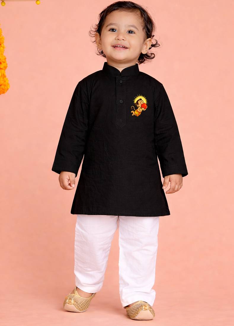 boys black cotton kurta pyjama with bal hanuman print	