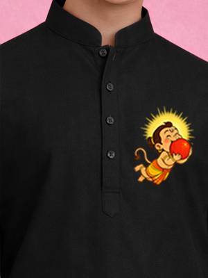 boys black cotton kurta pyjama with bal hanuman print	 2