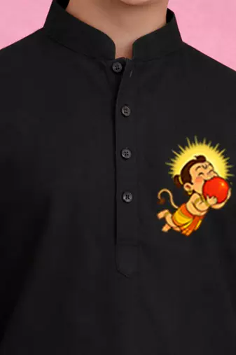 boys black cotton kurta pyjama with bal hanuman print	