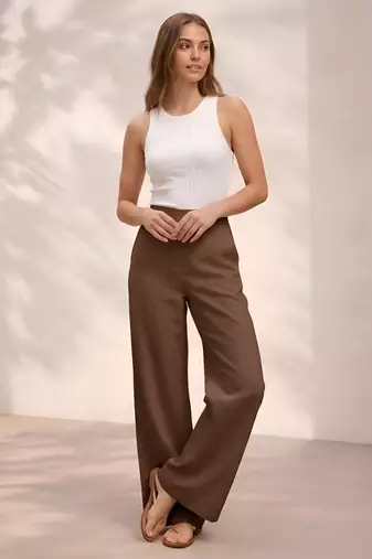 Chocolate casual linen blend straight fit pants