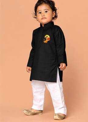 boys black cotton kurta pyjama with bal hanuman print	 3